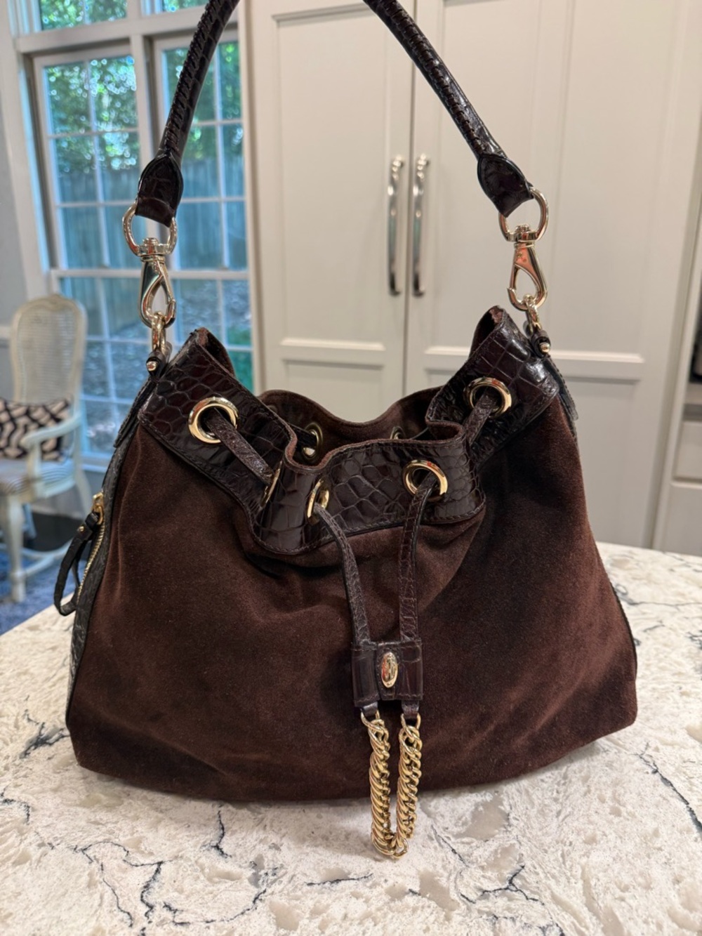 Cole Haan Brown Suede Leather Drawstring Hobo Shoulder Bag